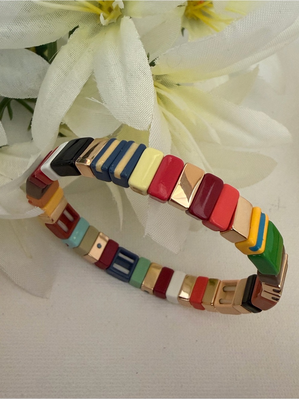 Roxanne Assoulin Multicolor Enamel Tile And Gold Stretch Bracelet